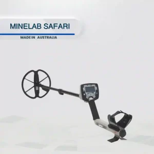 Minelab Safari metal detector with search coil and display on white background